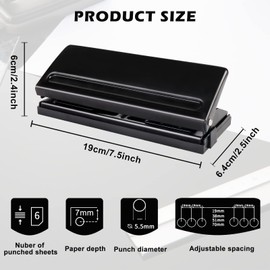 6 Hole Punch, A5 A6 A7 6-Ring Hole Punch with Positioning Marking, Binder Puncher Adjustable Spacing, Metal Binder Hole Punch for Daily Planner, Personal, Agenda, Binder Refill Pages