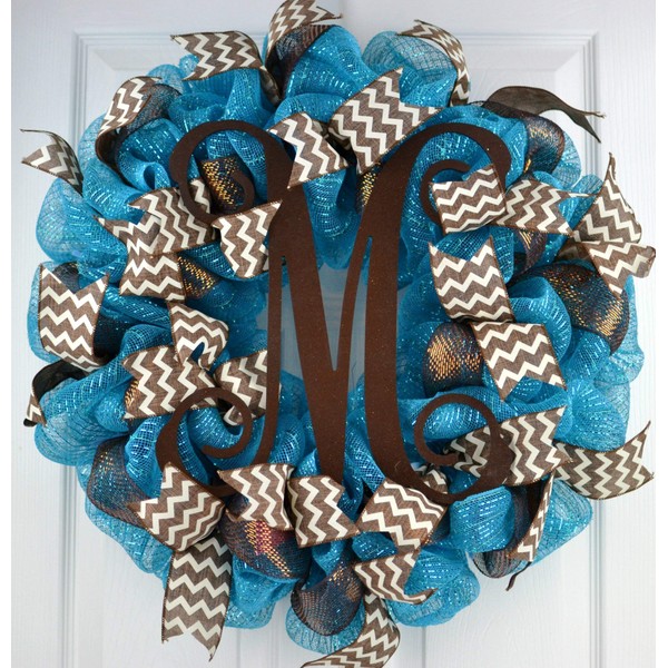 Dark Turquoise Vine Monogram Mesh Door Wreath - LOTS OF