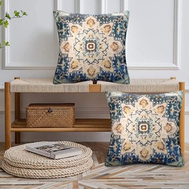 Chicamy Set of 2 Bohemian Cushion Covers, Decorative 40 x 40 cm, Linen Cushion Cover, Indian Hippie, Bohemian Cushion Covers, Decorative Cushion, Mandala Flower Pattern Pillowcase for Sofa, Home Decor
