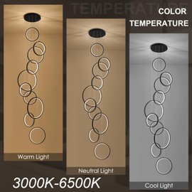 Benkut High Ceiling Chandelier 10 Ring Black Modern LED Chandelier, Foyer Chandeliers Entryway Long High Ceiling Staircase Chandeliers with Remote Control for Living Dining Room (98.5in 3000K-6500K)