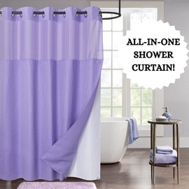 WPM No Hooks Required Shower Curtain with Snap-in Liner Waffle Weave Design, Hotel Grade Waterproof & Washable, Mesh top Window Easy Snaphook Bathroom Lavender Curtains (72"X74" W/Liner, Lavender)