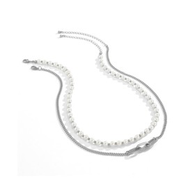 Pearl Necklace for Men Faux Pearl Necklace Layered Link Chain Necklace Trendy Pearl Jewelry Gifts for Men-Silvery