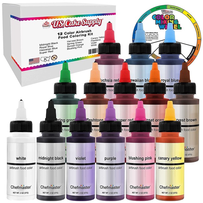 U.S. Cake Supply Airbrush Cake Color Set - The 12 Most Popular Colors in 2.0 fl. oz. Bottles with Color Mixing Wheel - Safely Made in the USA product
