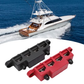 Pasamer 4 Terminal Distribution Block, Black + Red M8 4 Stud Power Distribution Block Busbars with 2 Cover and 4 Nuts, for Cars, RVs, Boats, Yachts