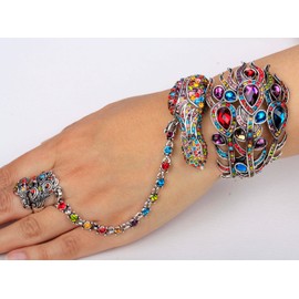 YACQ Big Peacock Bracelets with Attached Rings for Women Fit Wrist Circumference 6.5 to 7.5 inch & Finger Size 6.5 to 9