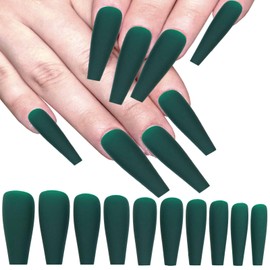 LoveOurHome 100pc Coffin Press on Nails Long Fake Nails Matte Full Cover False Nails Press ons Artificial Nail Medium Ballerina Fake Fingernail Green Presson on Nail Tips for Women Kids Girls