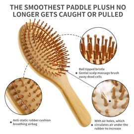 EKONAER EKONAER 4 PCS Bamboo Hair Brush Set With Natural Wooden Wide-tooth and Tail Comb Big and Mini Paddle Detangling Hairbrush for Women men kids and Baby Thick Thin Curly Straight Dry