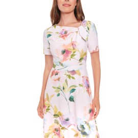 London Times Women's Dresses Women's A-Line Midi Dress - Short Sleeve Fitted Waist with Bow Detail - Versatile Floral Dresses, Cream/Blue, 4