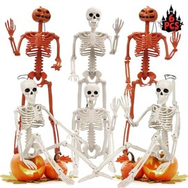 Adornos de Esqueletos Halloween 6 Piezas (4 Esqueleto+2 Calaveras de Calabaza) - Esqueletos Articulados Posables para Decorar Jardín, Casa Embrujada y