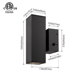 mirrea 12" Modern Outdoor Porch Light Patio Light with Built-in GFCI Outlet 2 Lights in Aluminum Rectangular Tube and Tempered Glass Cover Waterproof Wall Sconce (Matte Black)