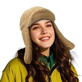 Clakllie Aviator Trapper Hat for Women Trooper Hat Eskimo Bomber Hat Skiing Baseball Hat with Earflaps Visor,Khaki