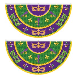 3x6 Ft Mardi Gras Pleated Fan Flag, Mardi Gras Bunting Half Fan Flag, Indoor Outdoor MardiGras Decor for Golf Cart Car Porch (Set of 2)