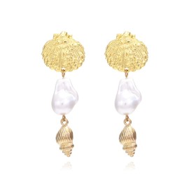 Seashell Conch Earrings, Beach Conch Shell Long Earrings for Women, Bohemian Baroque Pearl Seashell Dangle Earrings, Sea Snail Earrings Summer Boho Jewelry, Ocean Seashell Conch Earrings for Ladies