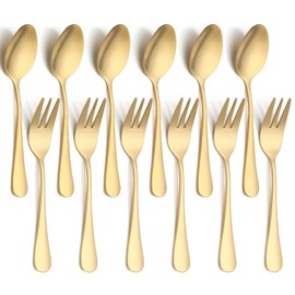 12 PCS Forks and Spoons Set, Stainless Steel Gold Silverware Set, Flatware Cutlery Set 6 Forks (5.35 inch), 6 Spoons(5.25 inch) for Home and outdoor
