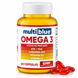 MultiBlue - Omega 3 Salmon Oil 60 Capsulas | Con Aceite de Pescado, EPA, DHA, CoQ10, Vitamina D3 y E | Sin Gluten, 100% Naturales, Libres de OMG | Cer