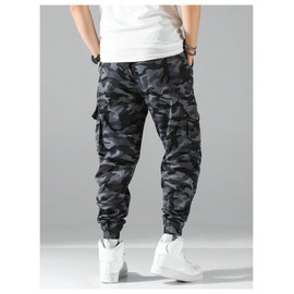 OYOANGLE Men's Camo Print Drawstring Waist Cargo Pants Casual Joggers with Pockets Black X-Large