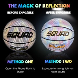 SQUAD NightPlay Reflective Basketball with Cool Holographic PU Leather, Size 7 - Glow Luminous Basketball for Outdoor Night Game, Ideal Gift for Basketball Fans - Includes Pump