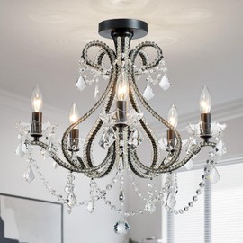 WUZUPS 5-Light Crystal Candle Chandelier Flushmount Ceiling Light Modern Lighting Fixture for Bedroom Hallway Bar Kitchen Bathroom, H 20.9" W 22", E12 Base, Black
