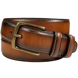 Men's Genuine Leather Dress Belt In Tan With Antique Brass Buckle and White Stitching