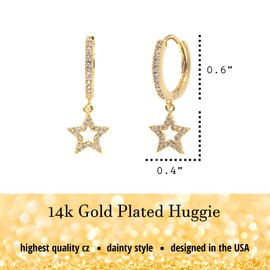 Huggie Earrings for Women – Huggie Hoop Stud Earring – 14K Gold & Fine Silver Plated – CZ Cubic Zirconia – Simple Elegant Delicate – with Gift Box Included (Gold - Pave Set CZ with Star Drop)