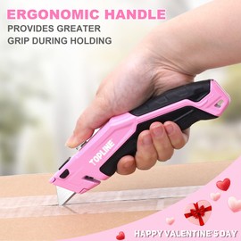 TOPLINE Retractable Pink Utility Knife, Retractable Pink Box Cutter, Blade Storage Design, 18-Piece SK5 Blades and a Dispenser Included