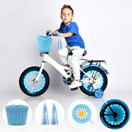 Kid's Bicycle Basket Streamers Set Children's Bike Handlebar Wicker Basket with 2 LED Bike Wheel Lights Colorful Bike Streamers Daisy Bike Bell Bike Decoration Accessories Kit for Kids Bike (Blue)
