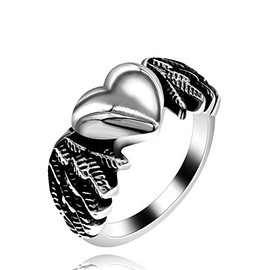 Uloveido Vintage Angel Wings Feather Rings for Women Black Heart Bikers Ring Band for Girlfriend Gifts Stainless Steel Y678(Size 8)
