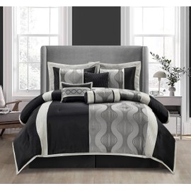 Stratford Park Black and Silver Comforter Set California King Size,Elegant 7 Pieces Striped All Season Bedding Set