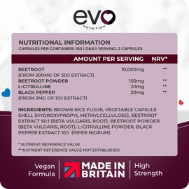 Beetroot Complex & L-Citrulline 10,000mg | 180 Capsules | High Strength | Nitric Oxide Booster to Support Circulation for Energy & Daily Wellness | Vegan, Non-GMO, UK Made, 3 Months | EVO NUTRITION