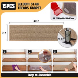 Seloom Linen Non Slip Stair Treads Carpet for Wooden Steps Indoor, Peel and Stick Carpet Stair Tread for Wood Stairs, Machine Washable Stair Runners for Pets, 15 Pack, Beige (15, 9"x30")