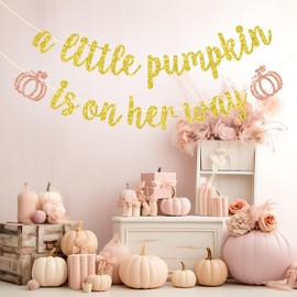 A Little Pumpkin is on Her Way Banner, Little Pumpkin Baby Shower Banner, Thanksgiving Fall Theme Pumpkin Baby Shower Birthday Party Decorations (Gold & Pink)