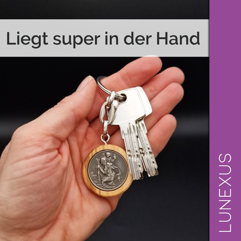 Lunexus Christopher Keyring – Olive Tree Wood & Metal Embossing
