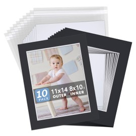 Somime 10 Pack Black Picture Frame 11x14 Mat Board,White Core Bevel Cut Mats 8.5x11, Whole Frame Mat Kit Includes 10 Picture Photo Mattes & 10 Backings & 10 Krystal Sleeve Bags