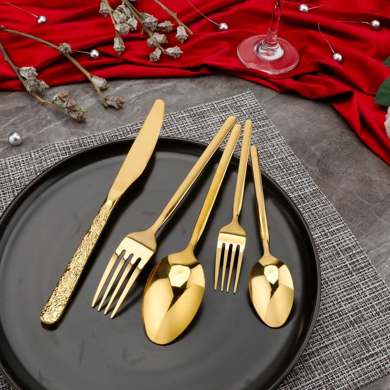 20-Piece Gold Silverware Set, Hammered 18/10 Stainless Steel Flatware Set