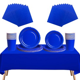 69pcs Royal Blue Disposable Tableware Set - 20 Napkins, 16 Cups, 16pcs 7inch and 9inch Plates, 1pcs Blue Tablecloths | Biodegradable Dinnerware for Birthdays, Weddings, Kids Adult Christmas Party