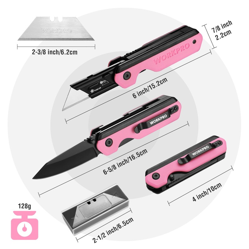 WORKPRO 2-in-1 Folding Knife/Utility Knife, Wood Handle, G10 Handle