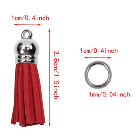 Mini Skater Suede Faux Leather Tassels for Jewelry Making 50Pcs Silver Cap Leather Trim Fringe Tassel Bulk with 50Pcs Jump Rings Sewing Accessories (Red)