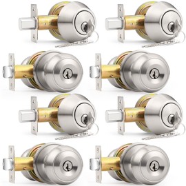 Probrico Entry Door Knob and Double Cylinder Deadbolt Lock Combo Set, Keyed Alike, Satin Nickel, Set of 4