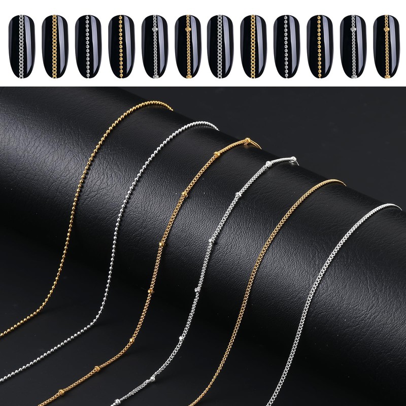 6 Strips 3D Nail Art Chains Nails Chain Charms Metallic