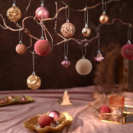 DecorbyHannah Christmas Ornaments Decorations,21ct Gold Pink Christmas Tree Ornaments Set, Shatterproof Decorative Hanging Velvet Ball Ornaments for Christmas Tree, Xmas Ornaments Bulk for Table Decor