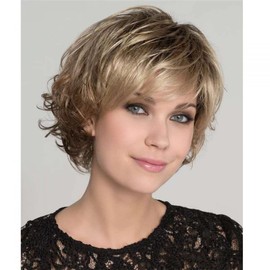 Golden Hair Short Wigs for Women, Fluffy Hair Temperament Oblique Bangs Blonde Curly Wig, Natural Looking Hair Wig for Daily Use, Suitable for Women Medium
