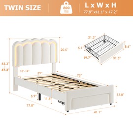 Velvet Upholstered Twin LED Bed Frame with Storage Drawer and Adjustable Chic Double Wavy Headboard, Princess Platform Bed for Kids/Girls, Solid Wood Slats Support, No Box Spring Needed, Beige