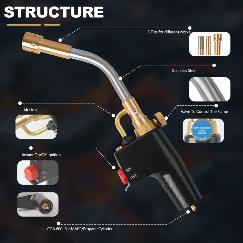 Propane Torch with 3 Tips, Instant on/off Ignition and Flame