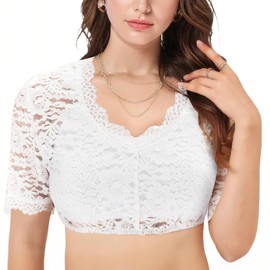 QESSUVNC Dirndl Bluse Damen, Dirndlbluse Spitze, Trachtenbluse Damen Dirndl Bluse Weiß Elegante Halbarm Bluse, V Ausschnitt (DE/NL/SE/PL, Alphanumerisch, M, Regular, Regular, Weiß)