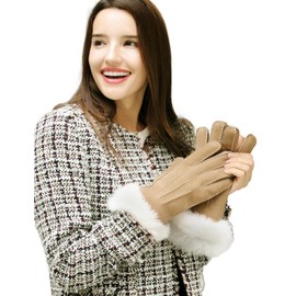 YISEVEN Women's Merino Sheepskin Shearling Leather Gloves Mittens Sherpa Fluffy Fur Cuff Thick Wool Lined and Heated Warm for Winter Cold Weather Dress Driving Work, Light Cork X-Large