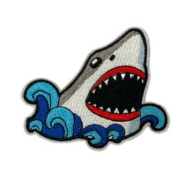 Breaching Shark Wave Patch – Large Iron On Embroidery Sea Predator Badge (10 x 8cm)