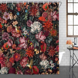 Drgilau Floral Shower Curtain, Vintage Floral Shower Curtain Set Red Flower Plants Bathroom Curtain, Black Floral Boho Shower Curtain with Hooks for Bathroom Decor 72X84 Inch