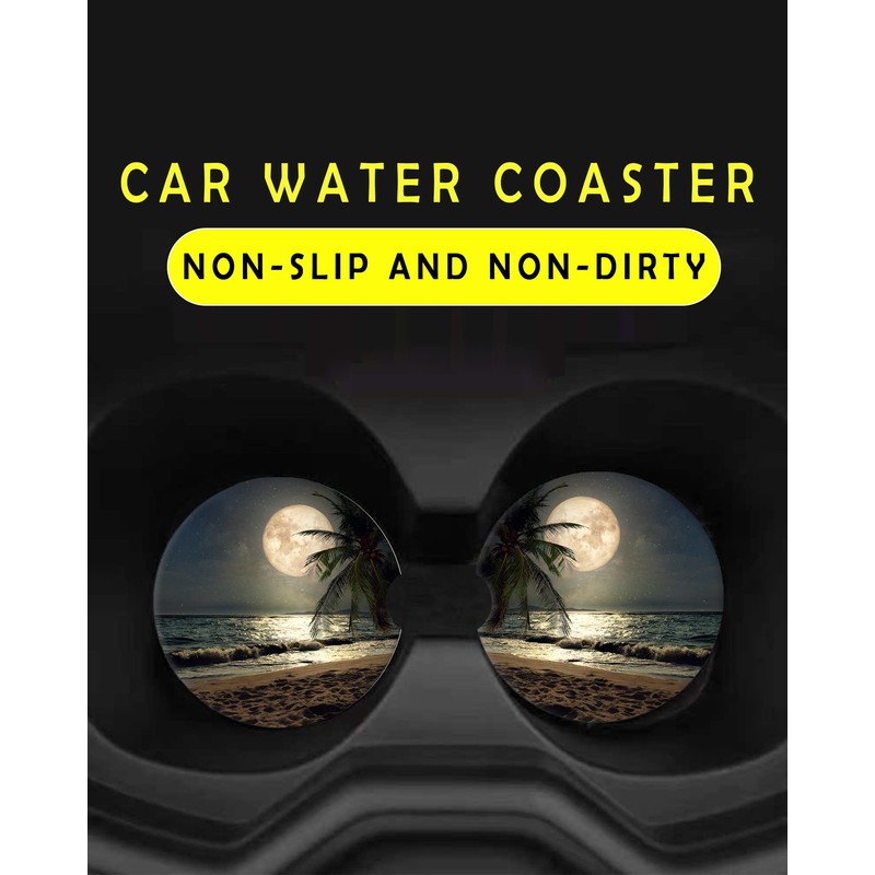 2 Pack Universal Ceramic Car Coasters Tropical Beach Palm Tree
