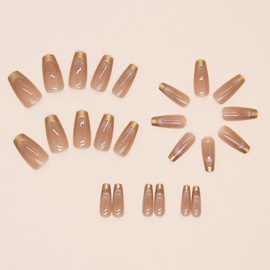 Press On Nails, Gold Foil Glitter Designed in Glue on Nails, Golden Line Fake Nails, Short Square Almond Ballet Shape for Stick On Nails on 24PCS (Ballet Gold French)