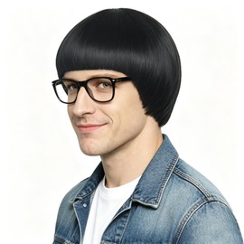 yuehong Mens Short Black Bowl Cut Wig Bob 60s70s Funny Wig Hair Heat Resistant Synthetic Fibers Durable Breathable Costume(Black)